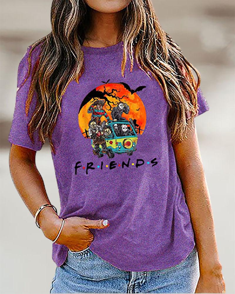 

Halloween Graphic Letter Print Short Sleeve Top, Purple