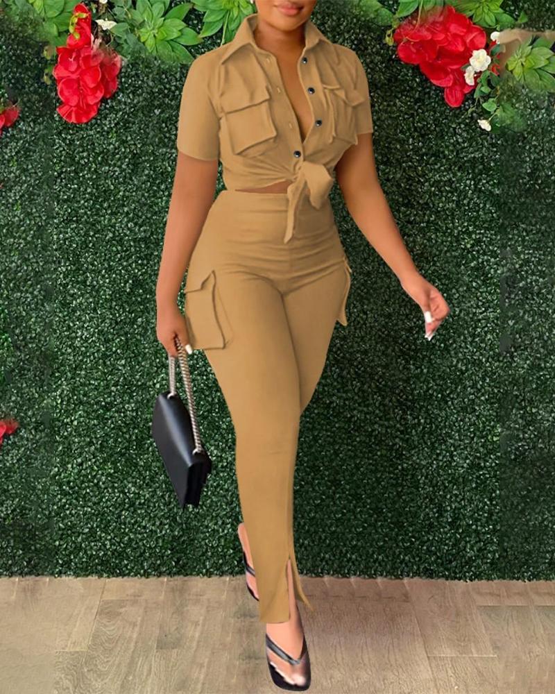

Pocket Design Tied Detail Top & Slit Pants Set, Khaki