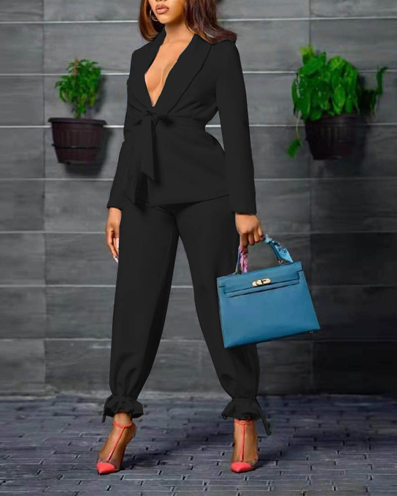 

Long Sleeve Belted Blazer & Tied Detail Pants Set, Black