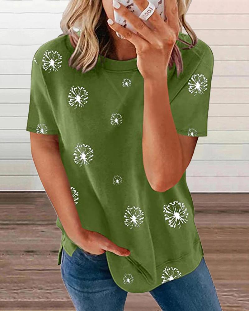 

Dandelion Print Round Neck Short Sleeve T-Shirt, Green