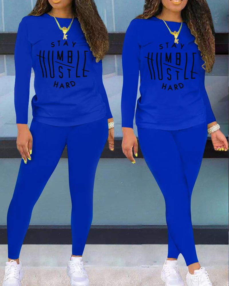 

Letter Print Long Sleeve Casual Top & Pants Set, Blue