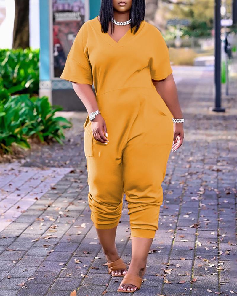 

Pocket Design Plain Short Sleeve Jumpsuit, Yellow