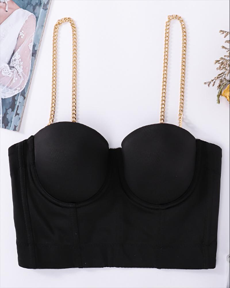 

Chain Strap V Neck Corset Crop Top, Black