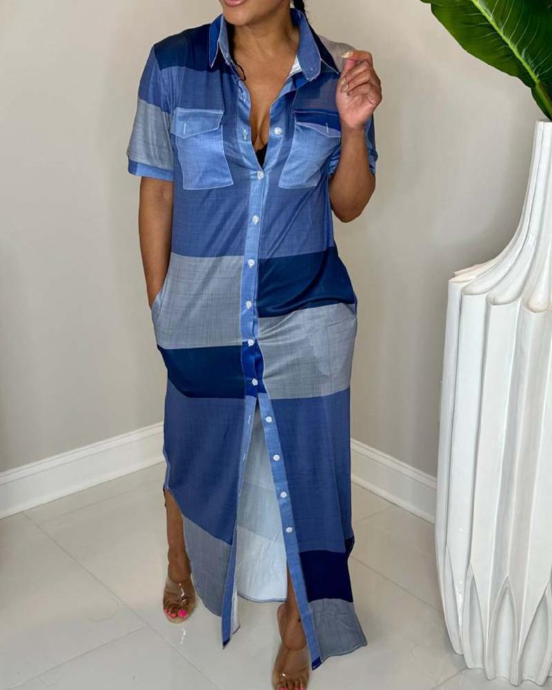 

Denim Look Print Slit Shirt Dress, Blue