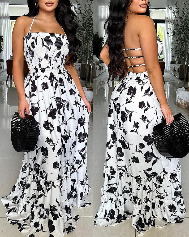 

Floral Print Shirred Crisscross Backless Maxi Dress, White