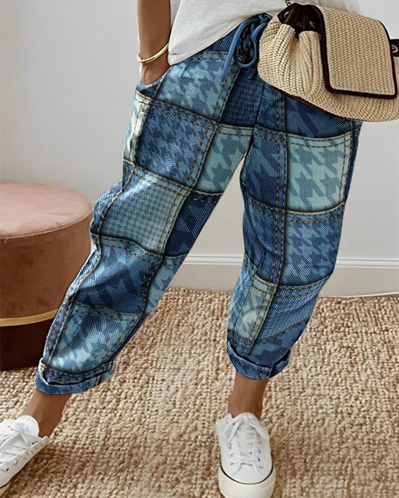 

Houndstooth Denim Look Print Drawstring Cuffed Pants, Blue