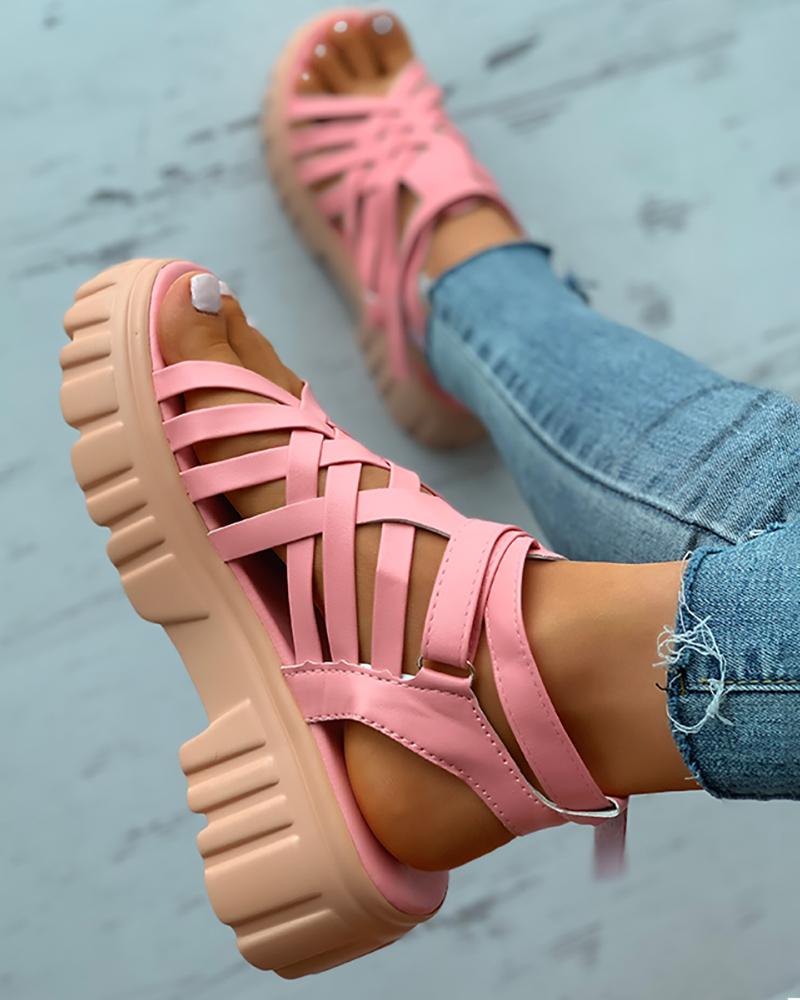 

Braided Velcro Ankle Strap Flatform Sandals, Pink