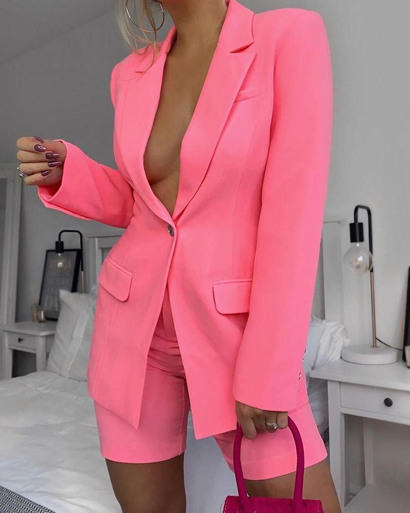 

Long Sleeve Buttoned Blazer Coat & Shorts Set, Hot pink