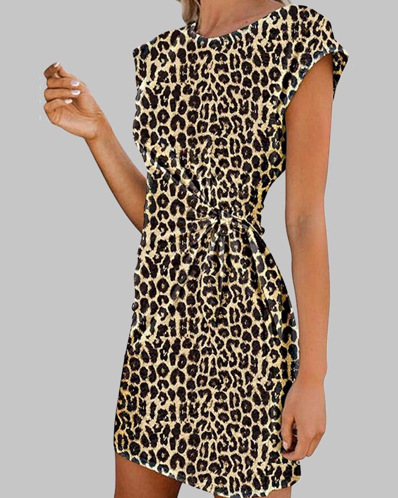 

Tie Dye Print Skinny Waist Short Sleeve Mini Dress, Leopard
