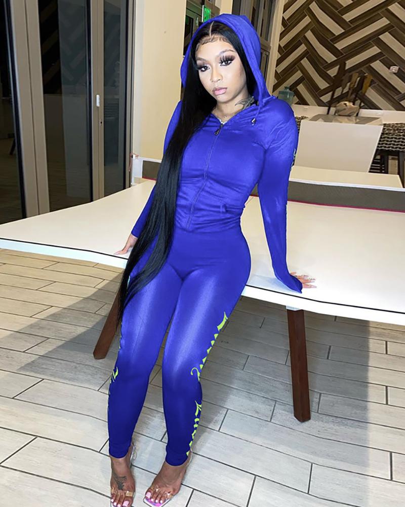

Letter Print Zip Hooded Top & Skinny Pants Set, Dark blue