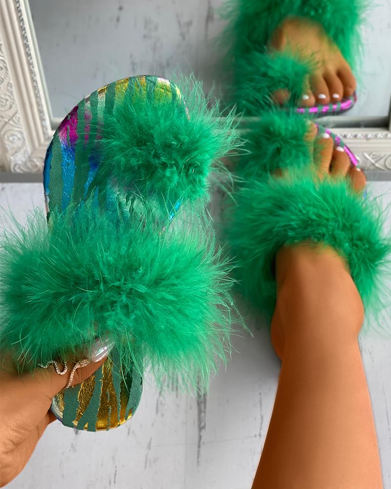 

Feather Detail Toe Post Slide Slippers, Green