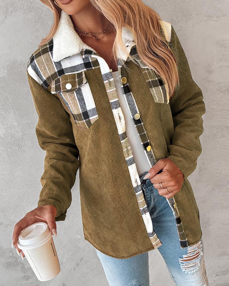 

Colorblock Plaid Print Corduroy Lined Shacket, Coffee