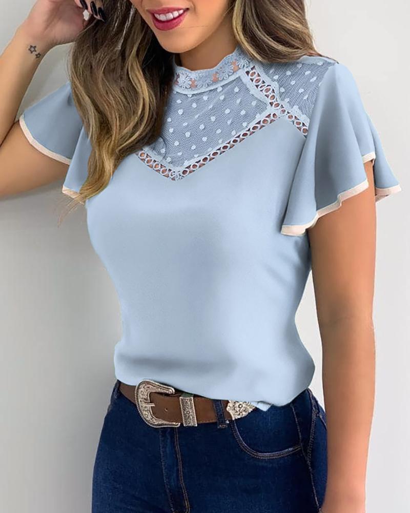 

Polka Dot Cutwork Flutter Sleeve Casual Blouse, Blue