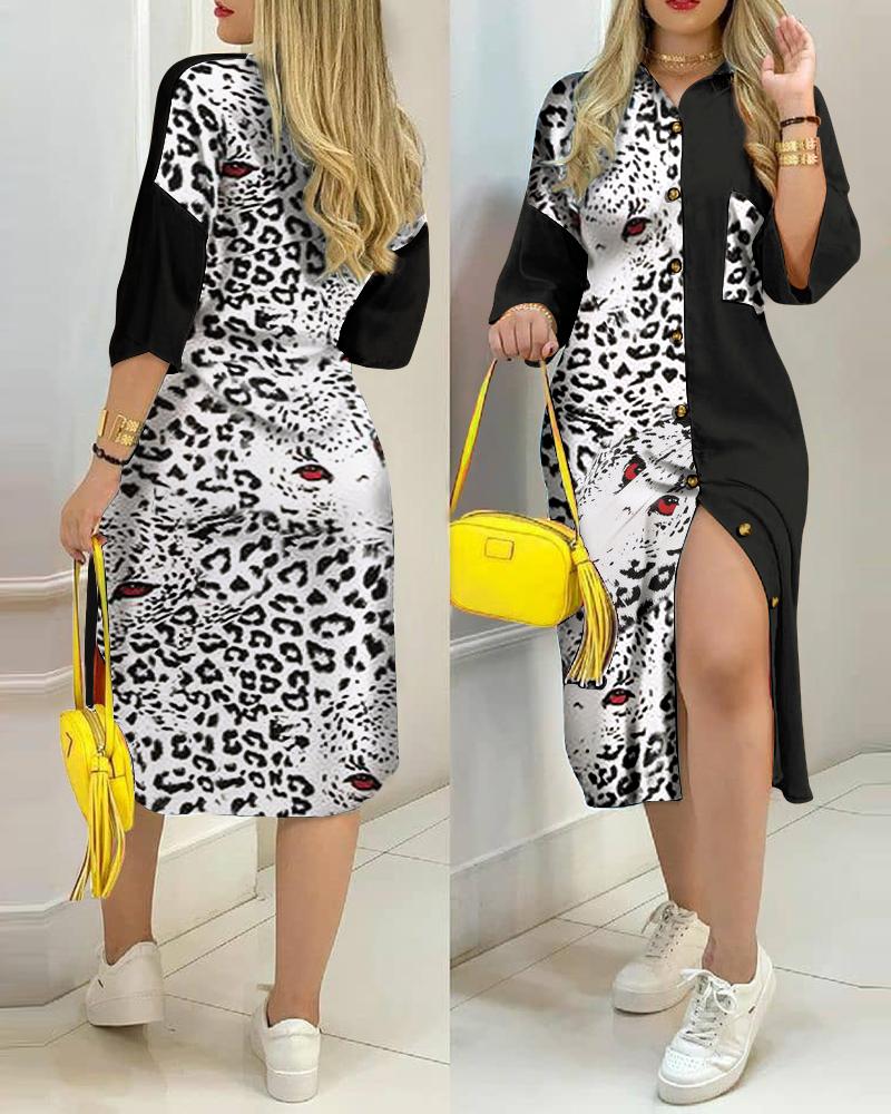 

Cheetah Print Colorblock Buttoned Shirt Dress, Black