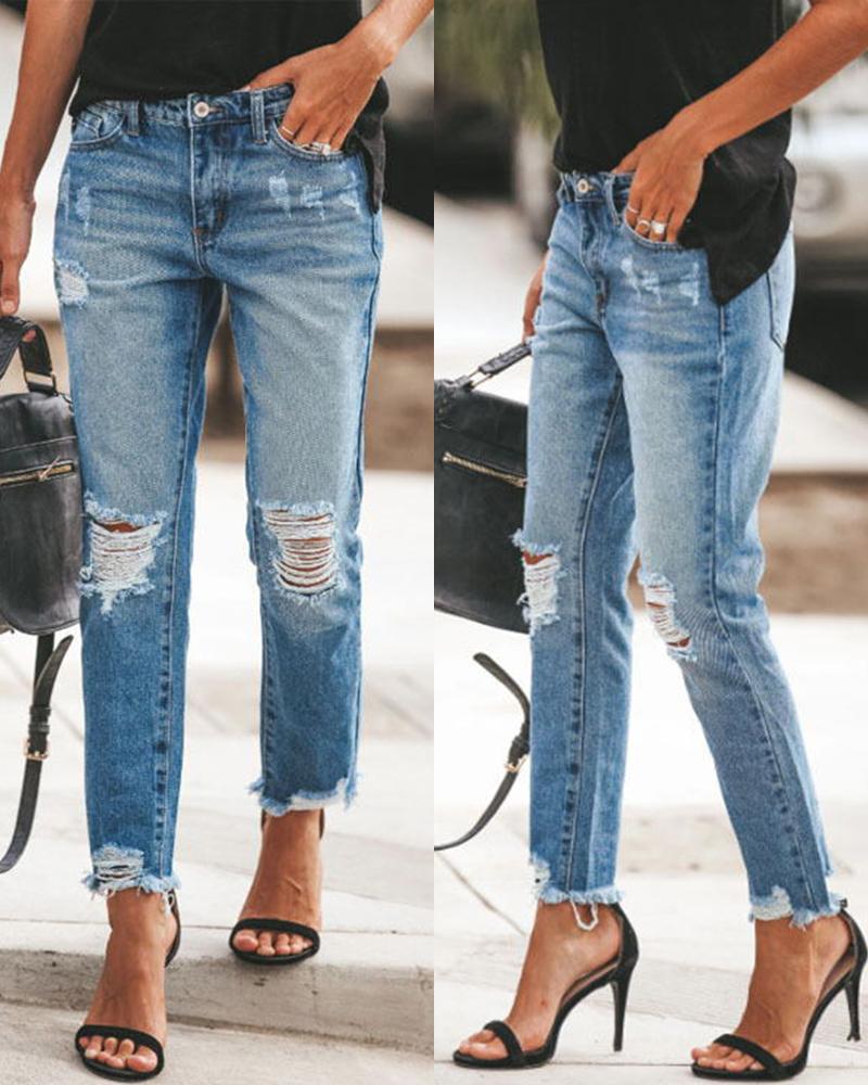 

Solid Slim Ripped Denim Jeans Pants, Blue