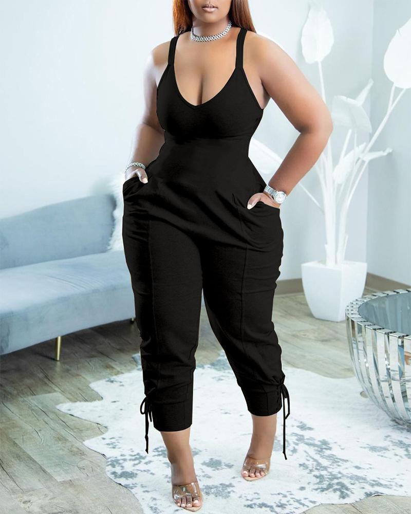 

Plus Size U-Neck Sleeveless Pocket Design Jumpsuit, Black