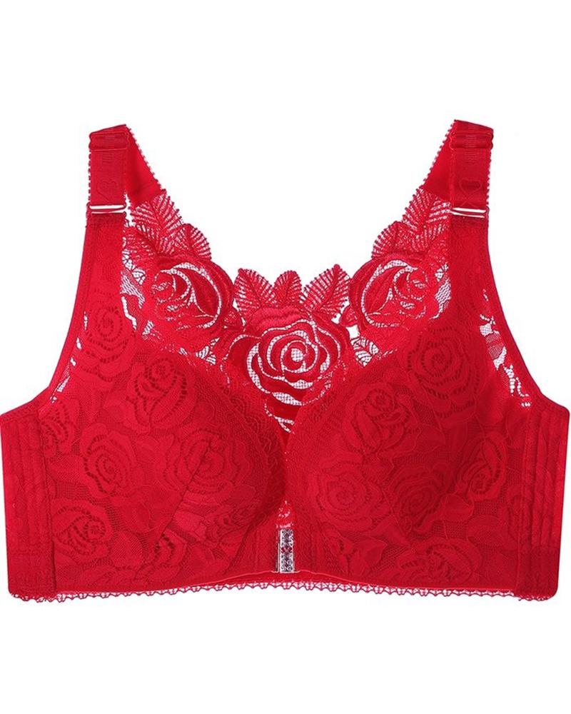 

Rose Pattern Crochet Lace Closure Wirefree Breathable Bra, Red