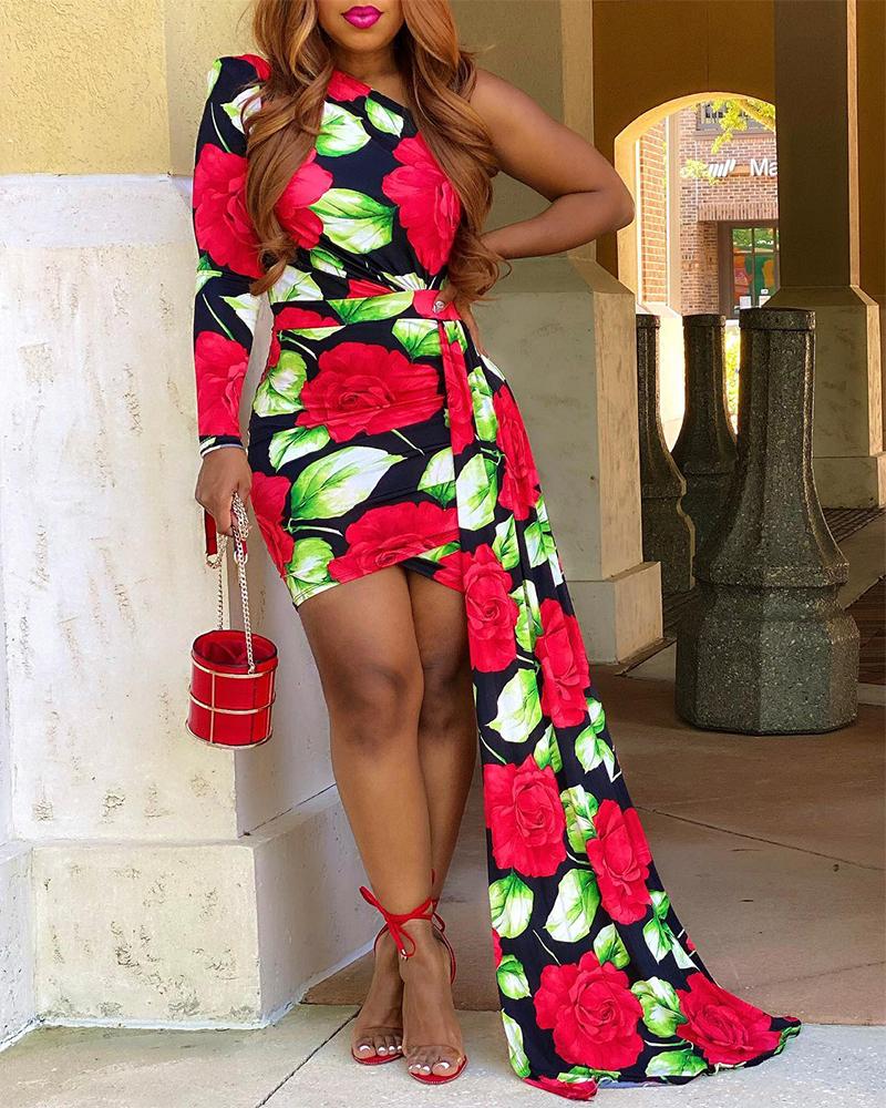 

Asymmetrical Floral Leaf Print One Shoulder Party Dress, Red