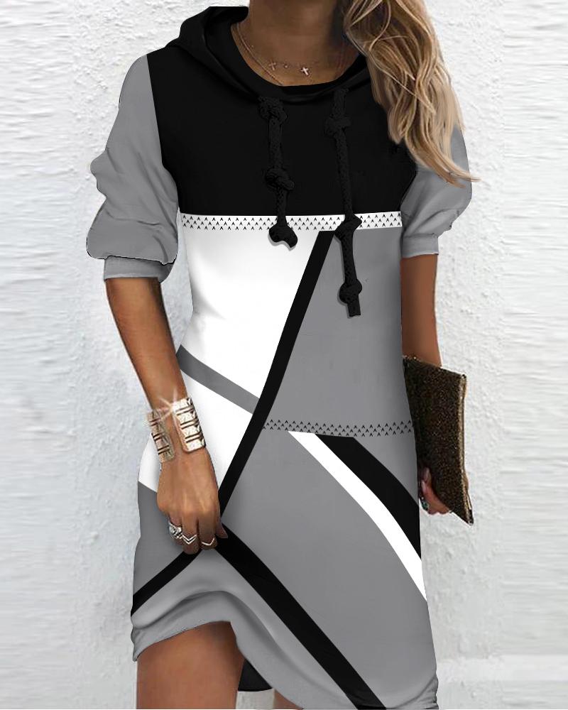 

Geometric Print Hooded Long Sleeve Casual Dress, Multicolor