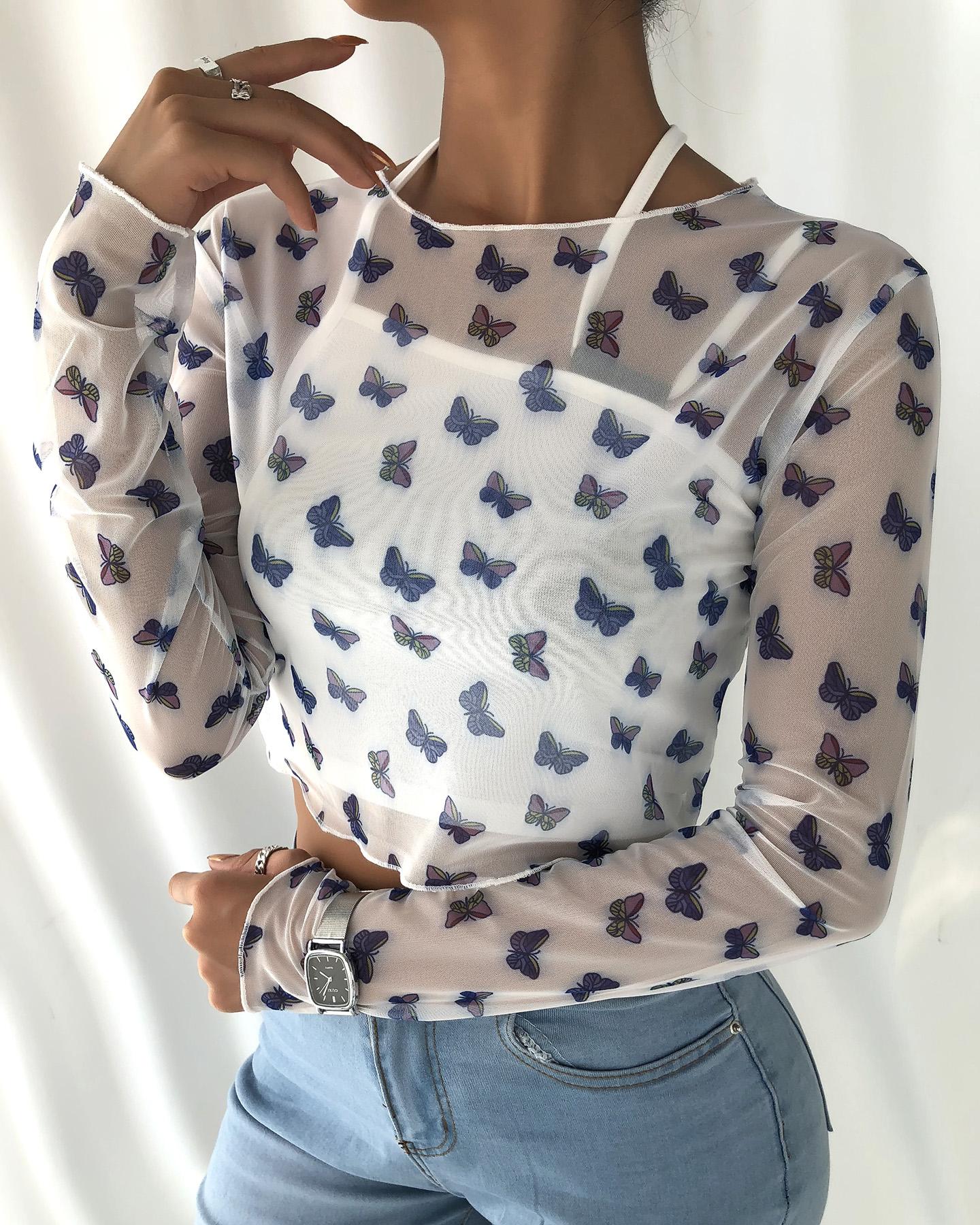 

Spaghetti Strap Plain Crop Top & Butterfly Print Blouse, White