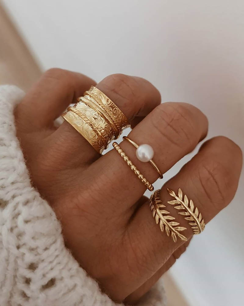 

Beaded & Leaf Rings Set, Gold