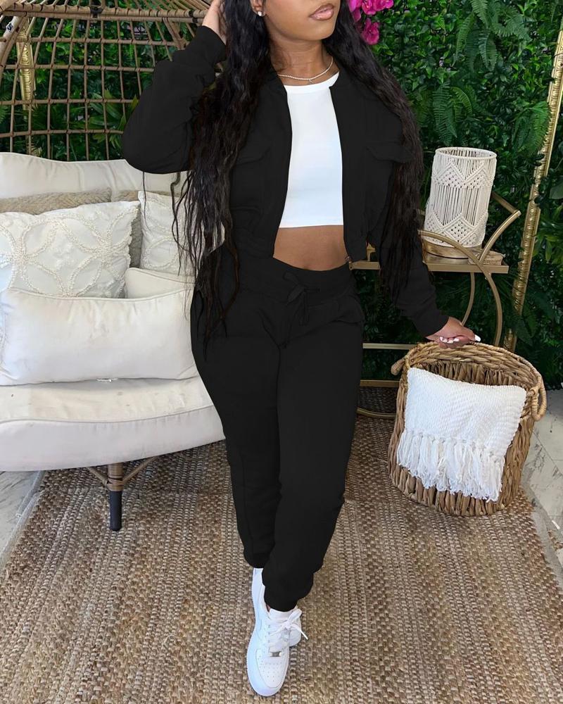 

Long Sleeve Zip Up Top & Drawstring Pants Set, Black