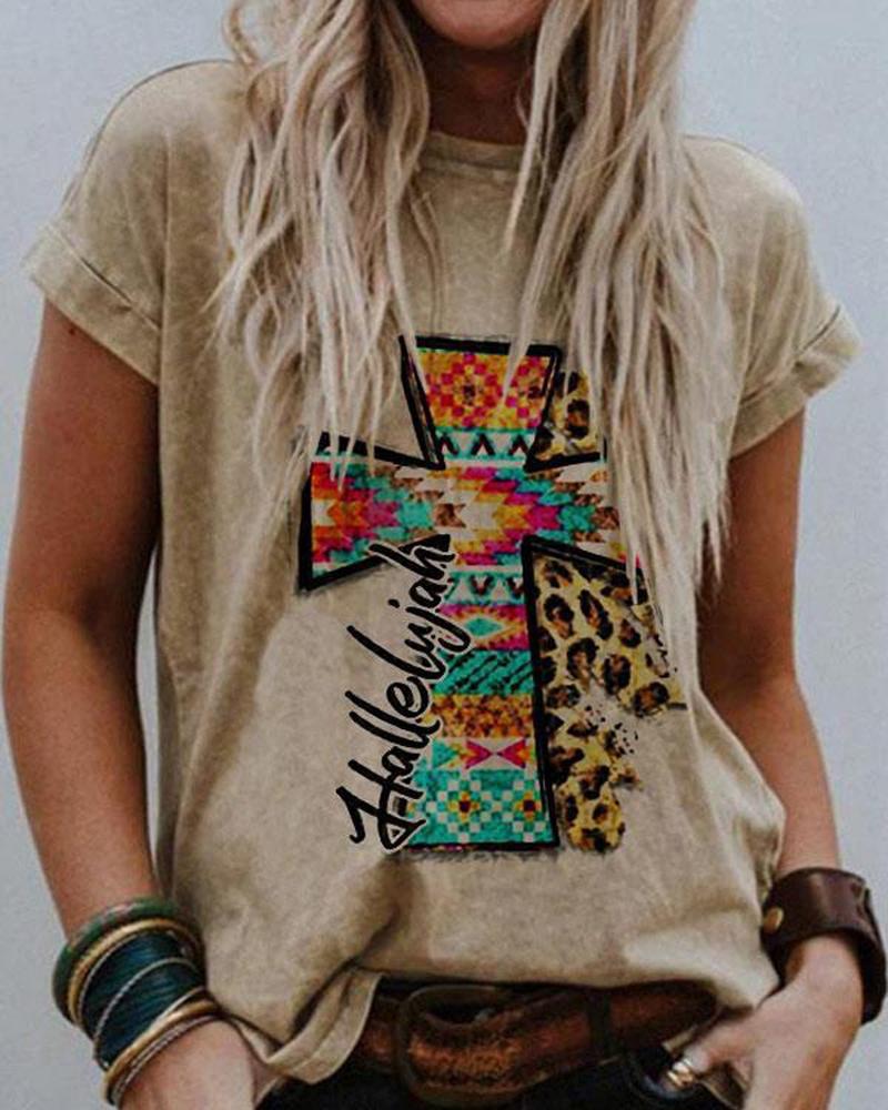 

Tribal Cross Print Casual T-shirt, Khaki
