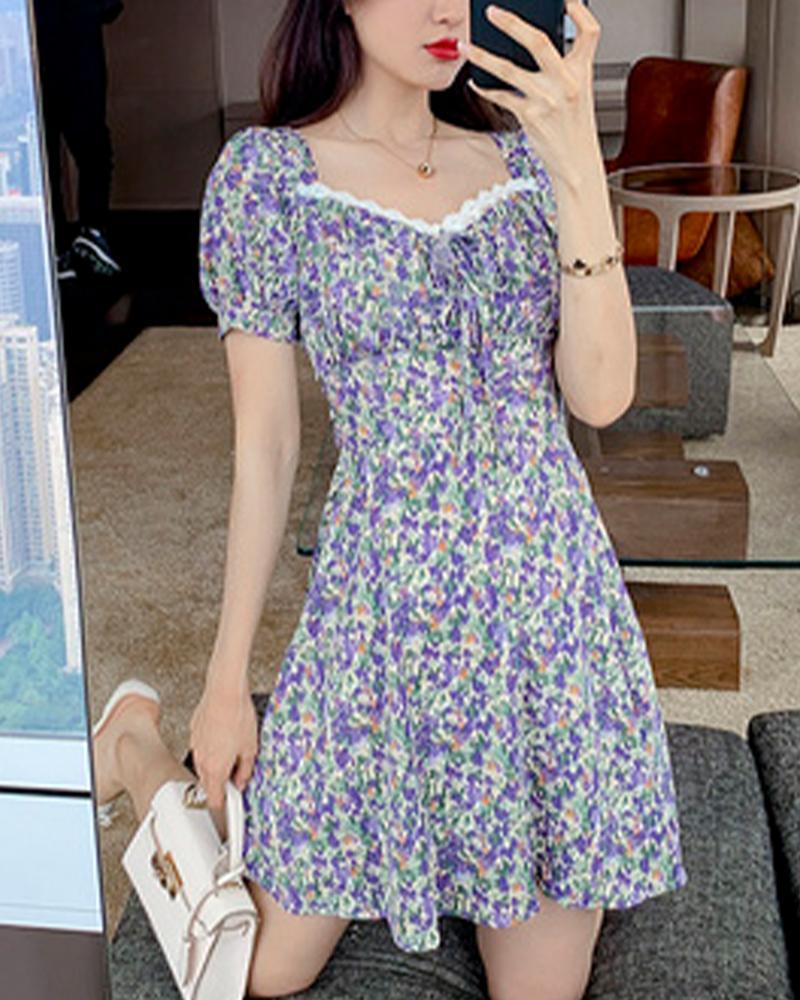 

Floral Print Lace Trim Mini Dress, Purple