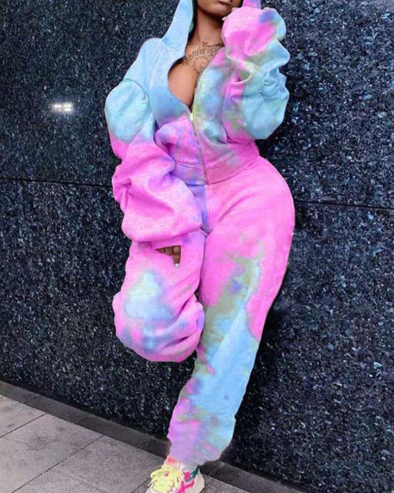 

Tie Dye Drop Shoulder Zip Up Hoodie & Pants Set, Purple