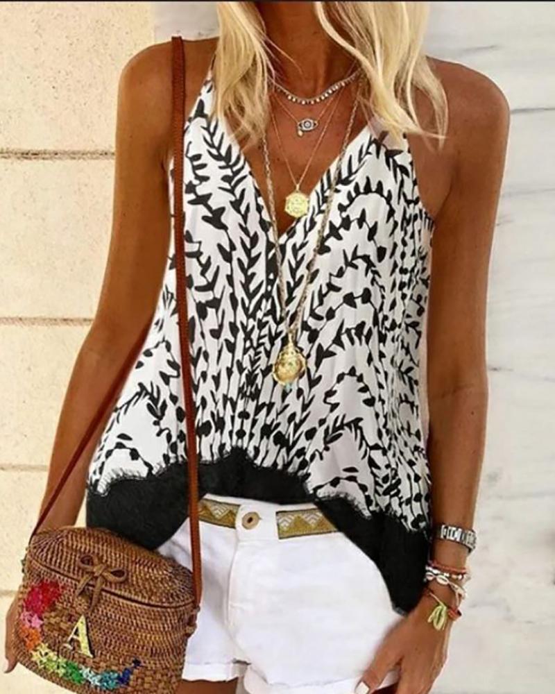 

All Over Print Spaghetti Strap Ruched Top, Black