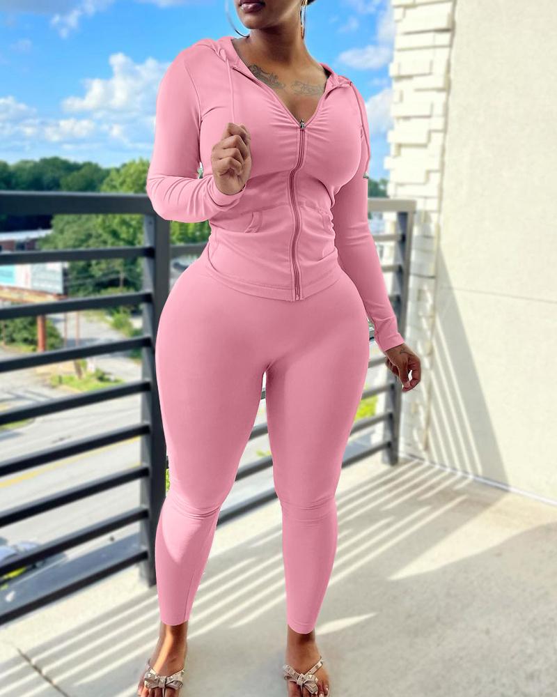 

Long Sleeve Hooded Zip Up Top & Pants Set, Pink