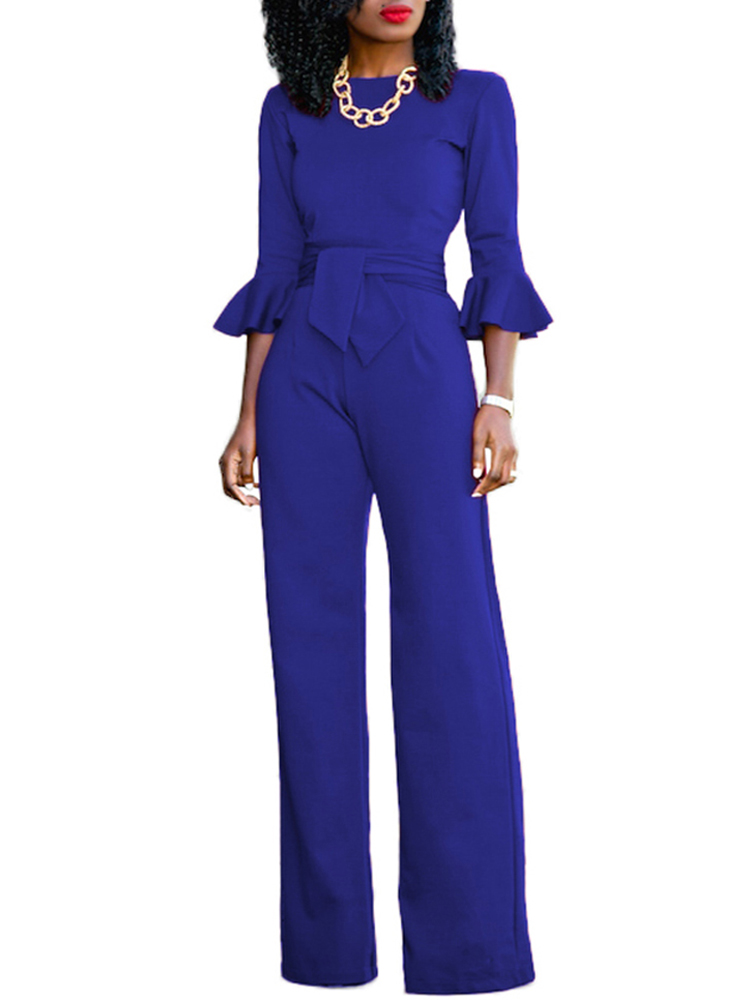 

Solid Flare Sleeve Belted Wide Leg Jumpsuit, Red;black