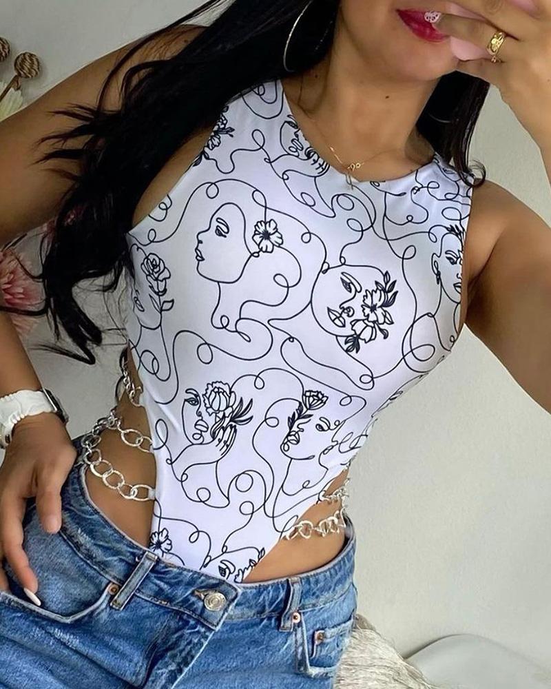 

Abstract Figure Print Sleeveless Bodysuit, White