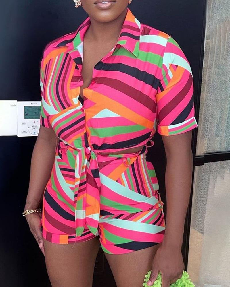 

Rainbow Stripe Print Tied Detail Top & Shorts Set, Hot pink