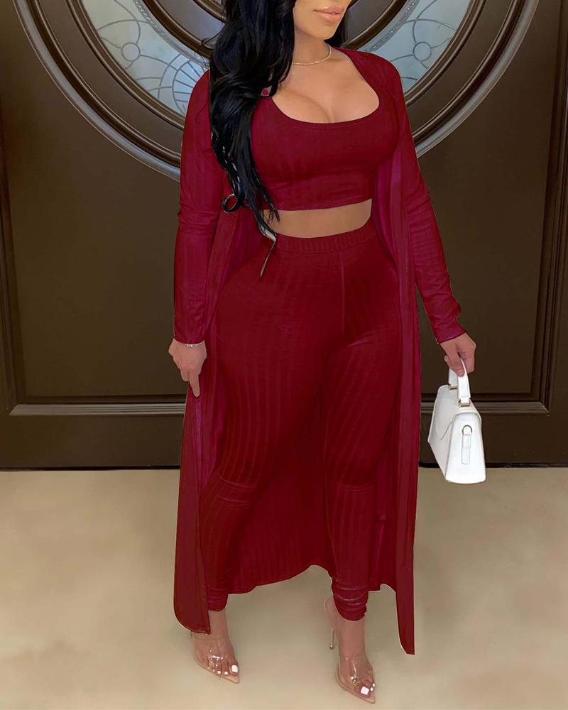 

Crop Tank Top & Pants With Longline Coat Set, Wine red