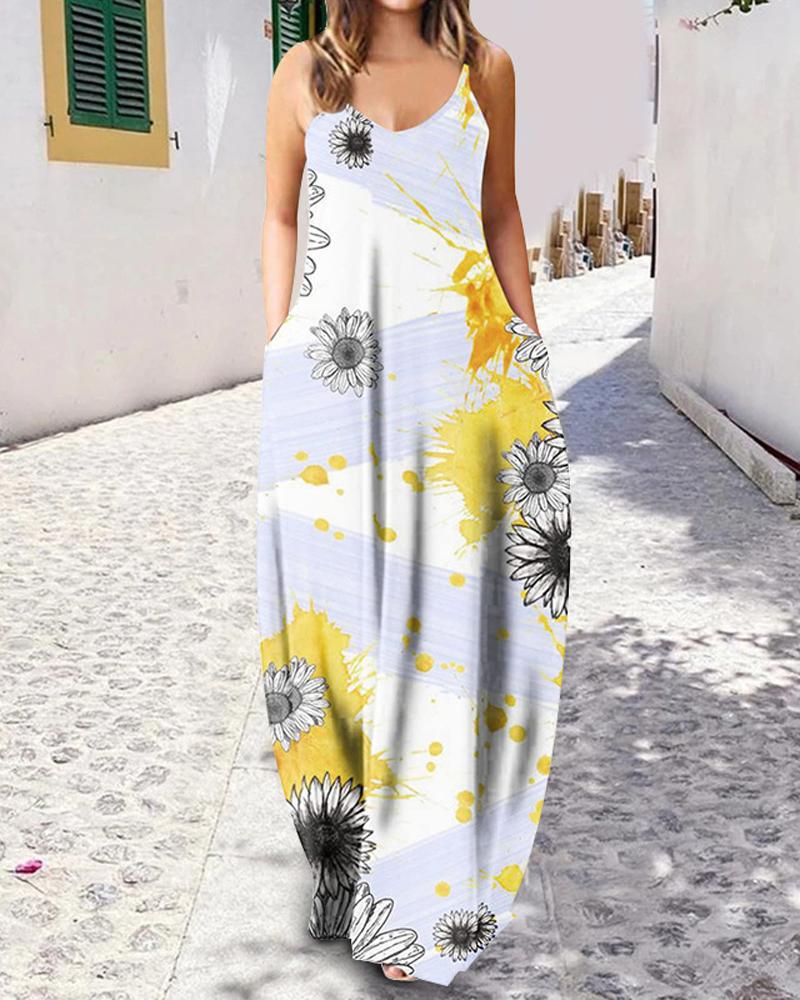 

Sunflower Ink Splash Print Spaghetti Strap Maxi Dress, White
