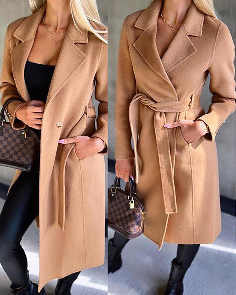 

Notched Collar Belted Buttoned Pea Coat, Khaki