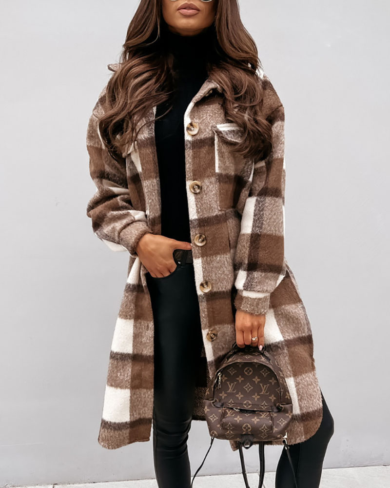 

Plaid Print Pocket Button Design Long Sleeve Shacket, Coffee