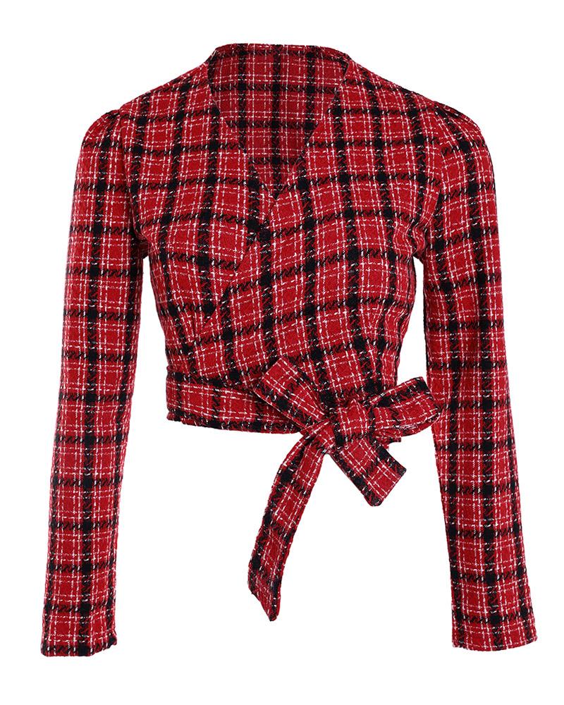 

Plaid Print Tied Detail Tweed Top, Red