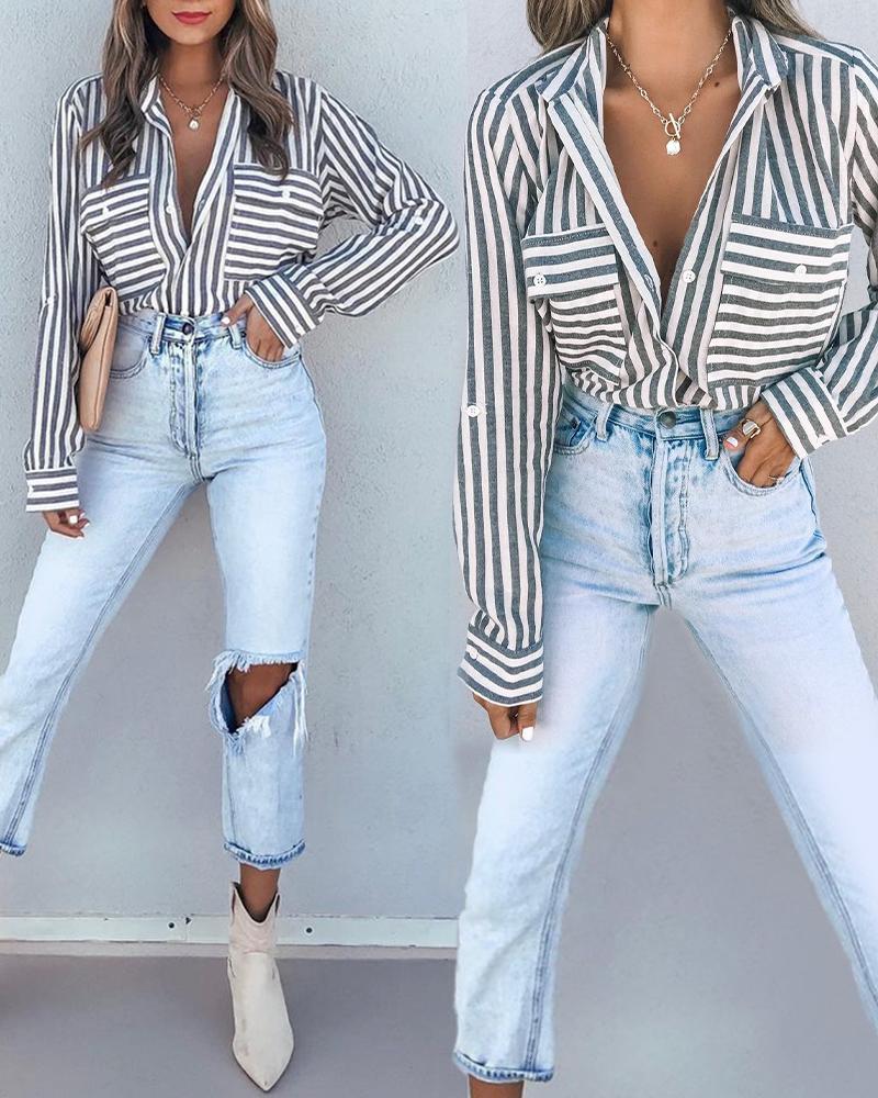 

Striped Print Long Sleeve Button Down Shirt, Gray