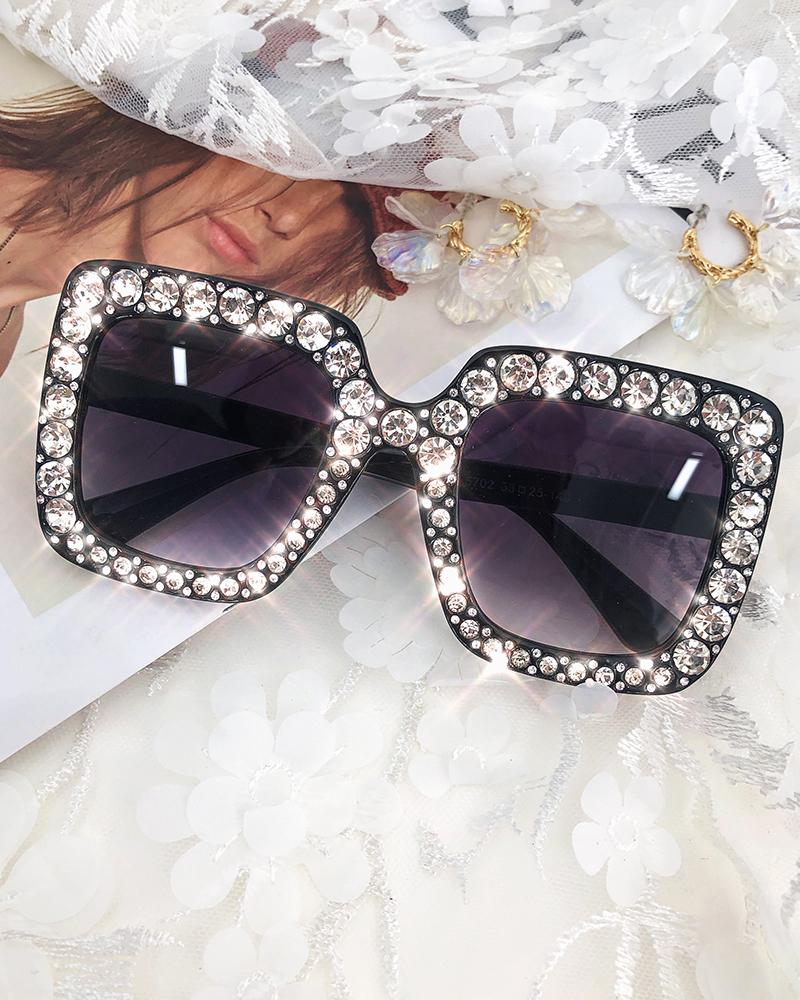 

1Pair Big Square Frame Rhinestone Sunglasses, Gray