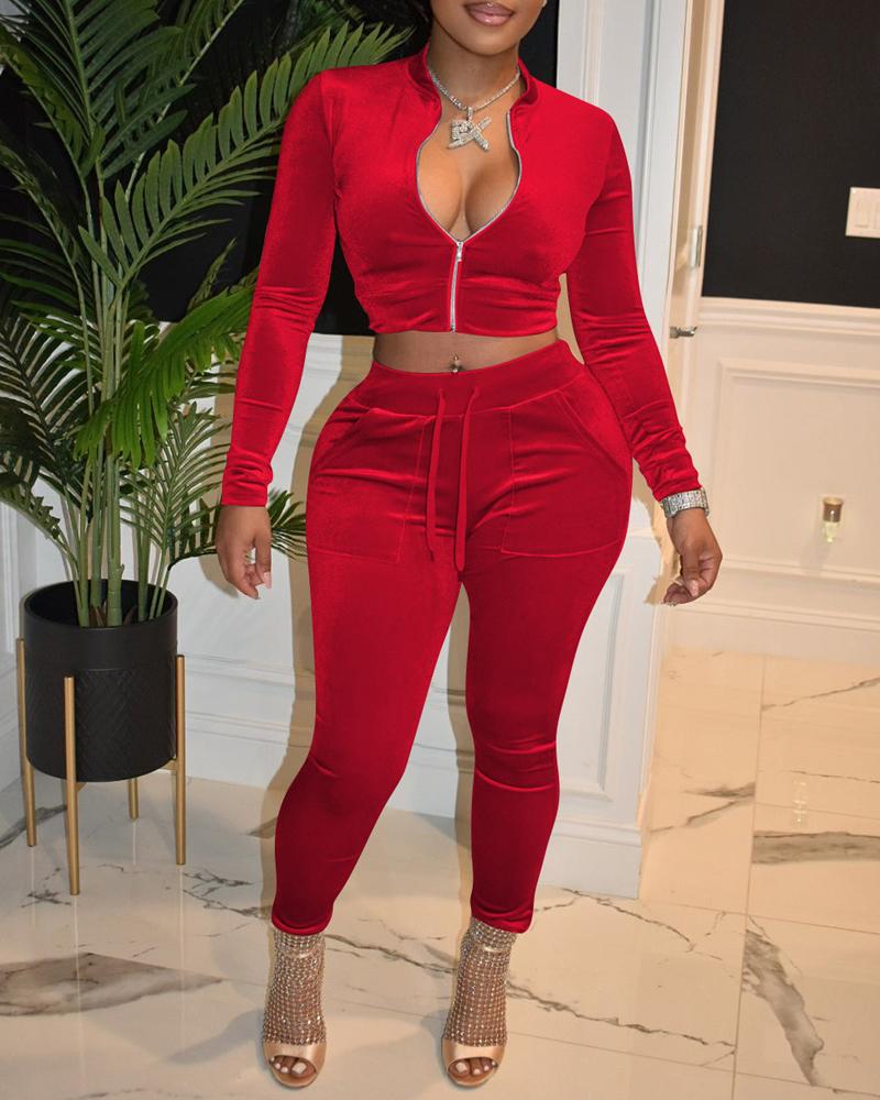 

Velvet Long Sleeve Zip Up Crop Top & Pants Set, Red