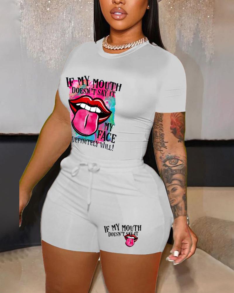 

Lip Graphic Print Top & Drawstring Shorts Set, Gray