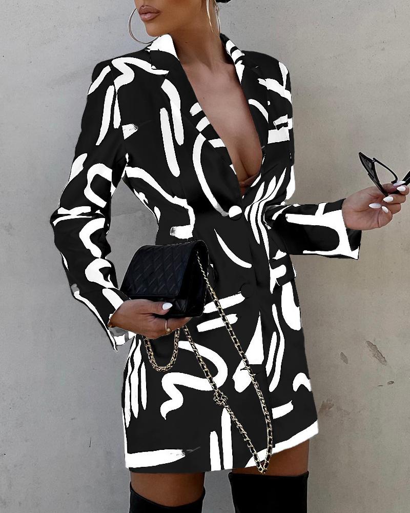 

Abstract Print Long Sleeve Blazer Dress, Black