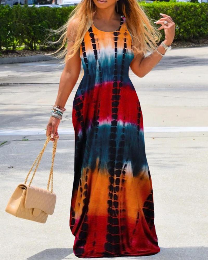 

Tie Dye Print U-Neck Sleeveless Casual Maxi Dress, Red
