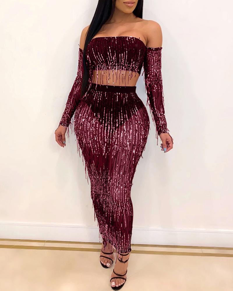 

Tassel Off Shoulder Sequins Top & Skirt Sets, Wine red
