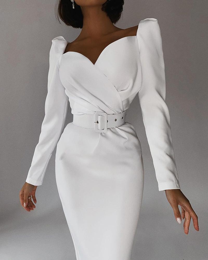 

Puff Long Sleeve Ruched Pencil Dress With Belt, White