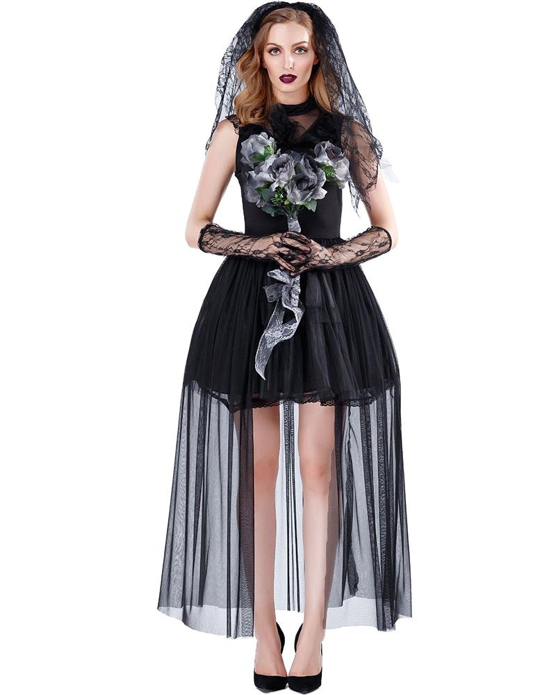 

Halloween Ghost Bride Cosplay Vampire Scary Costume With Gloves And Veil, Black