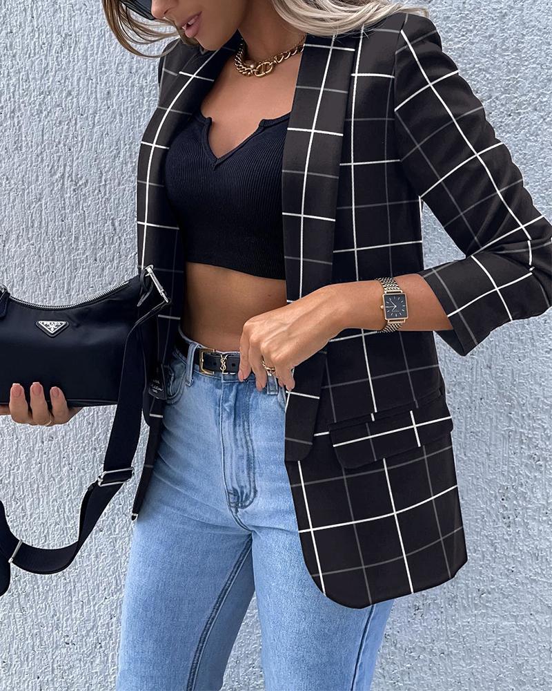 

Plaid Print Shawl Collar Flap Detail Blazer, Black