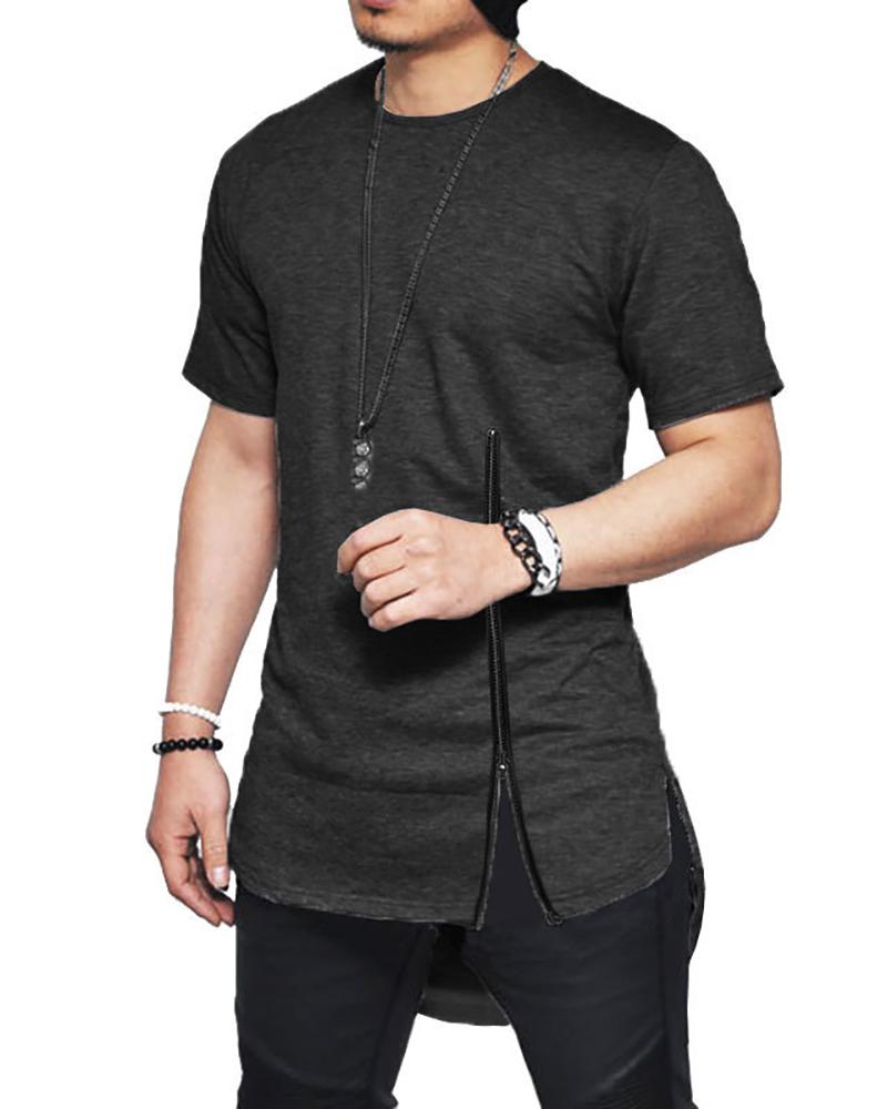 

Men Zipper Design Dip Hem Short Sleeve T-shirt, Black